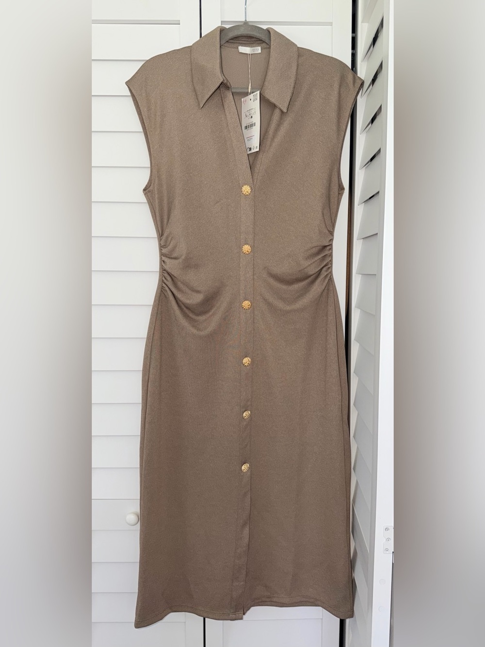 Zara Sleeveless Taupe Midi Dress with Gold Buttons